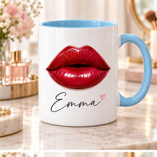 Red lips and custom name on mug with light-blue handle and interior