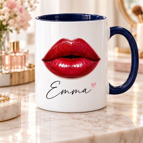 Red lips and custom name on mug with navy handle and interior