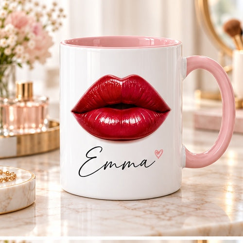 Red lips and custom name on mug with pink handle and interior
