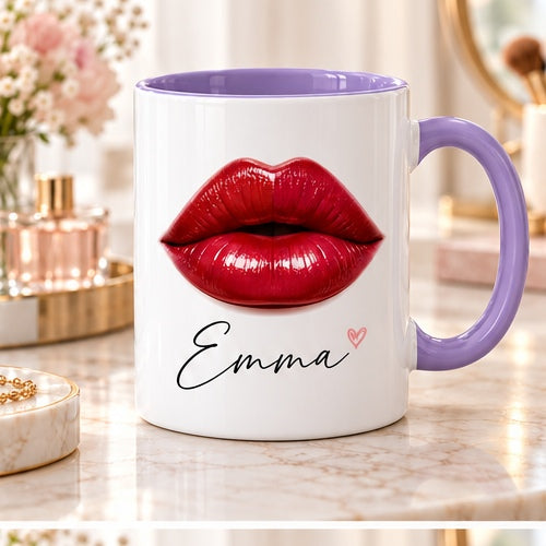 Red lips and custom name on mug with purple handle and interior