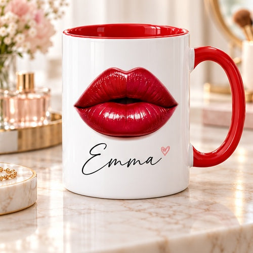 Red lips and custom name on mug with red handle and interior