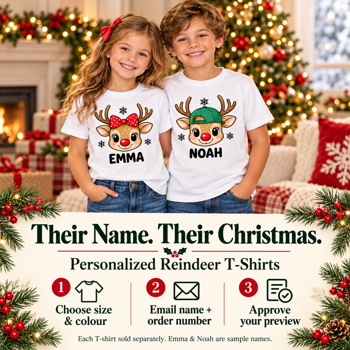 How to personalize: choose size and colour, email name and order number, approve your preview. Each shirt sold separately.