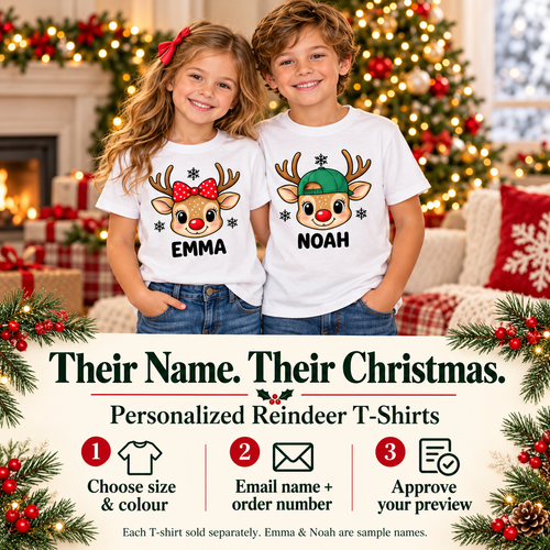 How to personalize: choose size and colour, email name and order number, approve your preview. Each shirt sold separately.