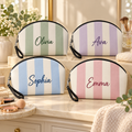 Personalized striped PU makeup pouches in sky blue, dusty pink, sage green and lavender