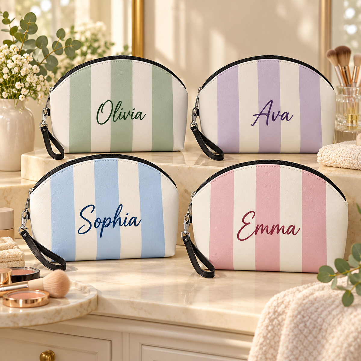 Personalized striped PU makeup pouches in sky blue, dusty pink, sage green and lavender