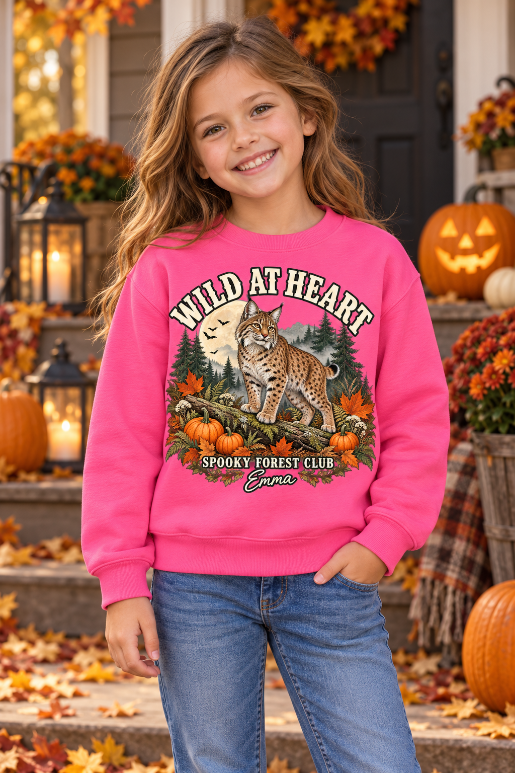 Safety Pink personalized Wild At Heart youth sweatshirt with woodland bobcat, moon and pumpkins