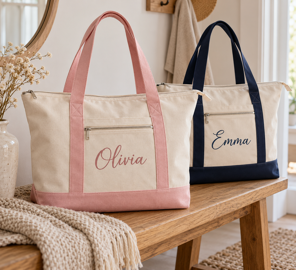 Personalized zippered cotton canvas tote, example names, natural with pink or navy trim; illustrative mockup.
