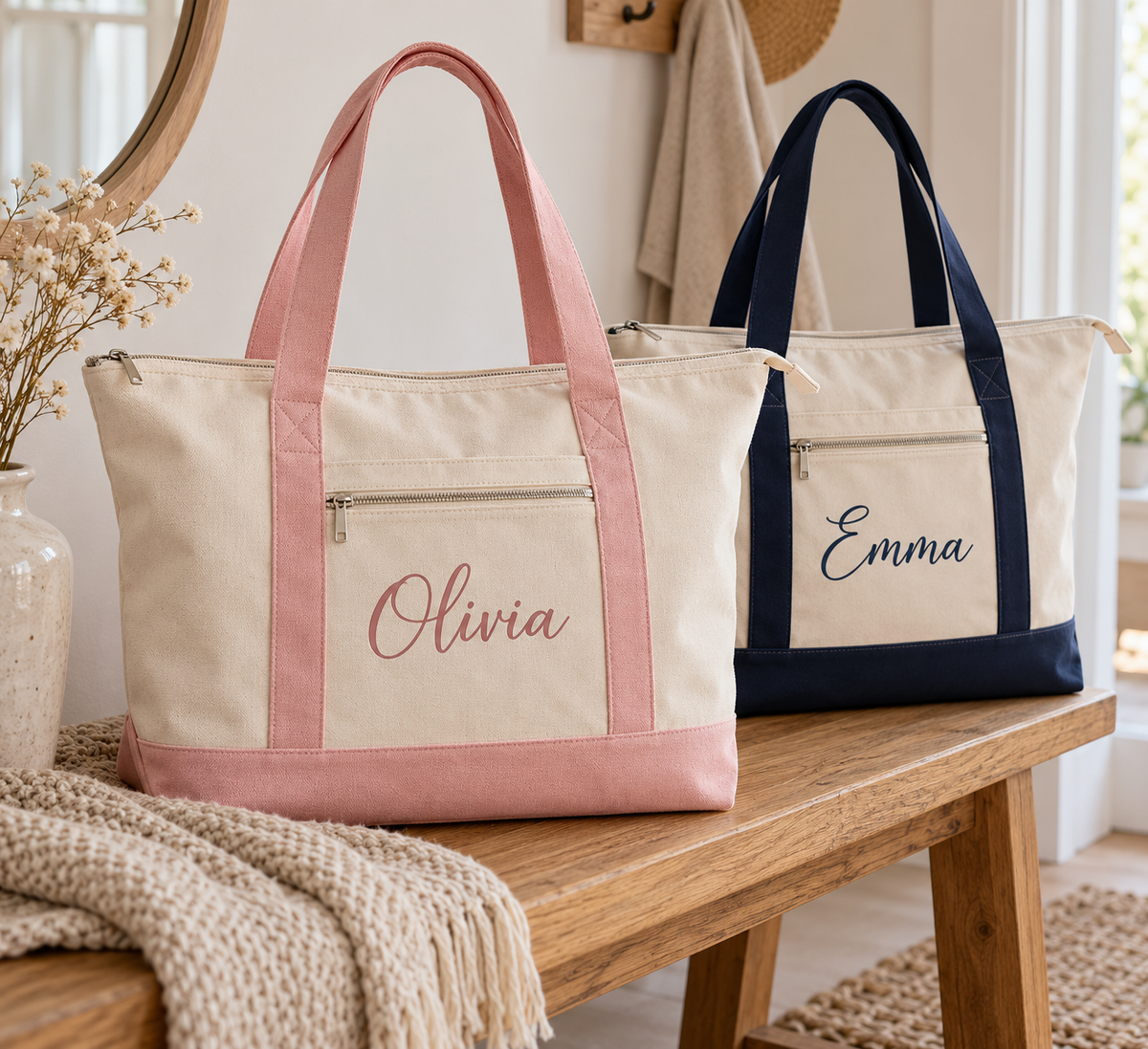 Personalized zippered cotton canvas tote, example names, natural with pink or navy trim; illustrative mockup.