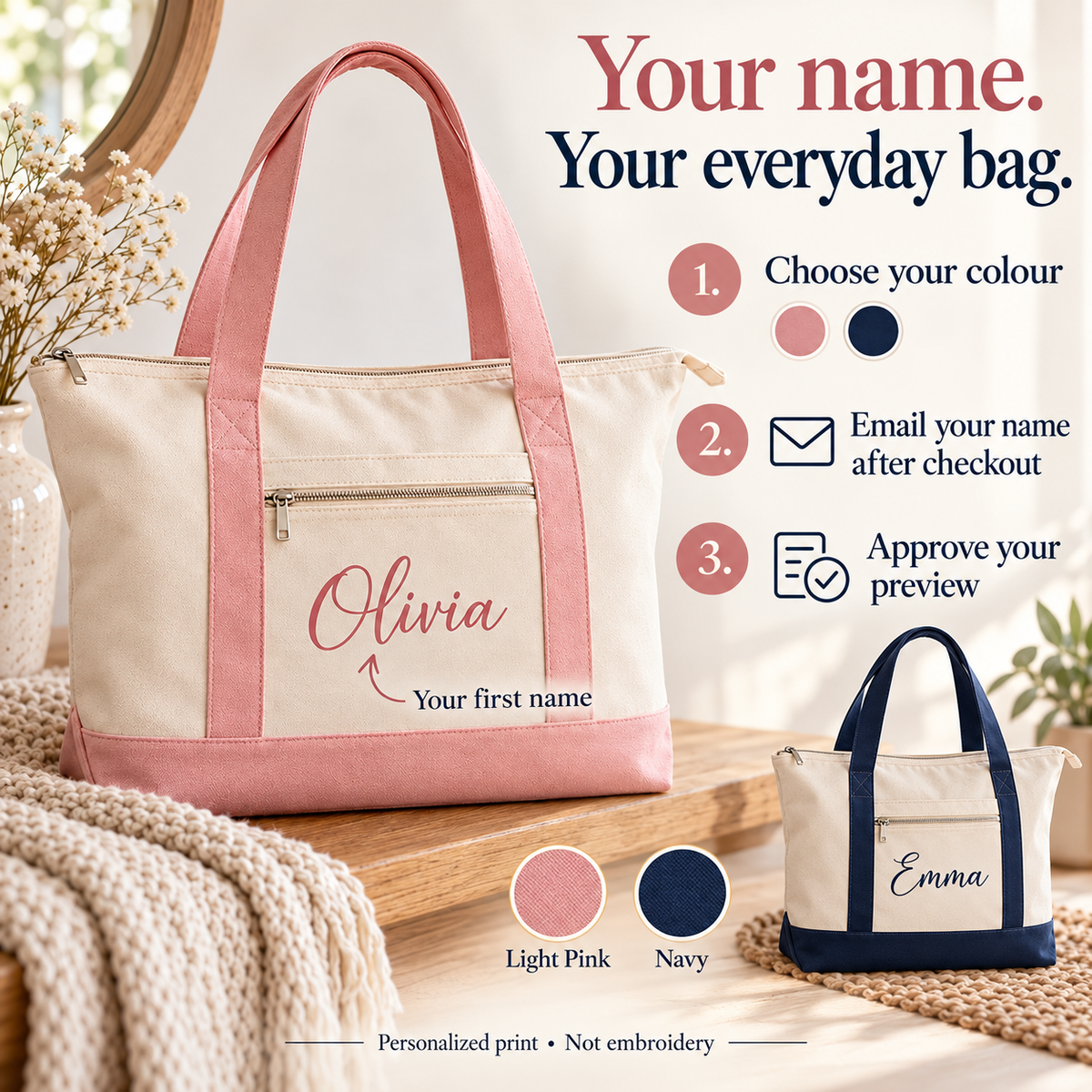 Personalization guide: choose colour, email name after checkout, approve preview. Printed name, not embroidery.