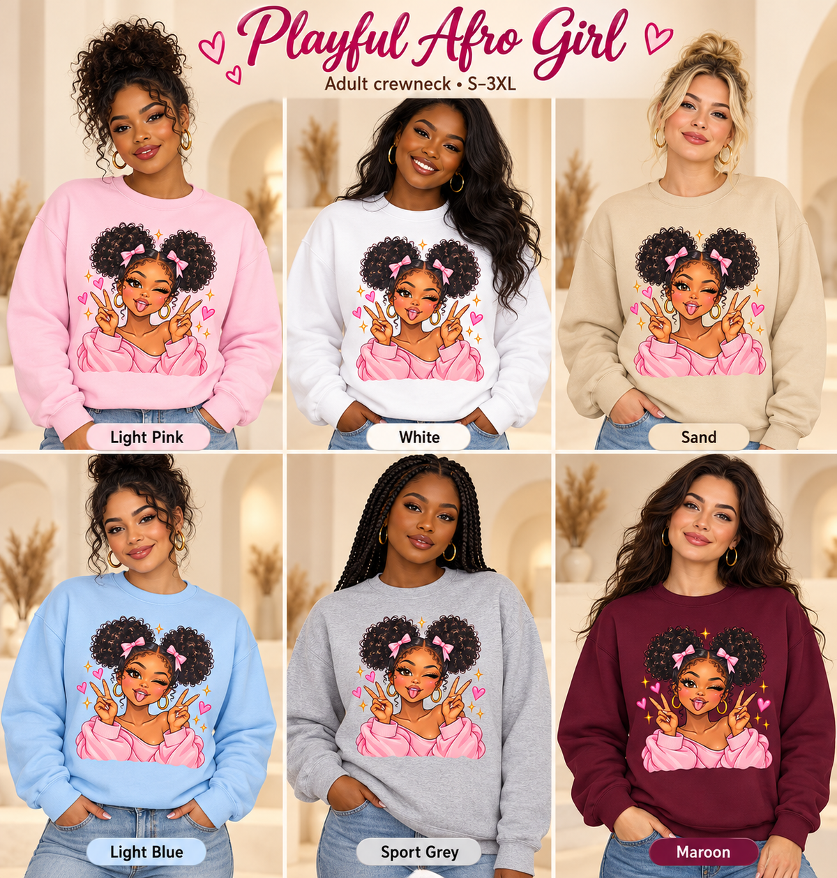 Corrected Playful Afro Girl adult crewneck, six colors, S–3XL — illustrative lifestyle mockups