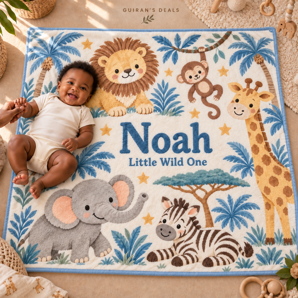 Safari printed fleece baby blanket, blue, sample personalized name Noah
