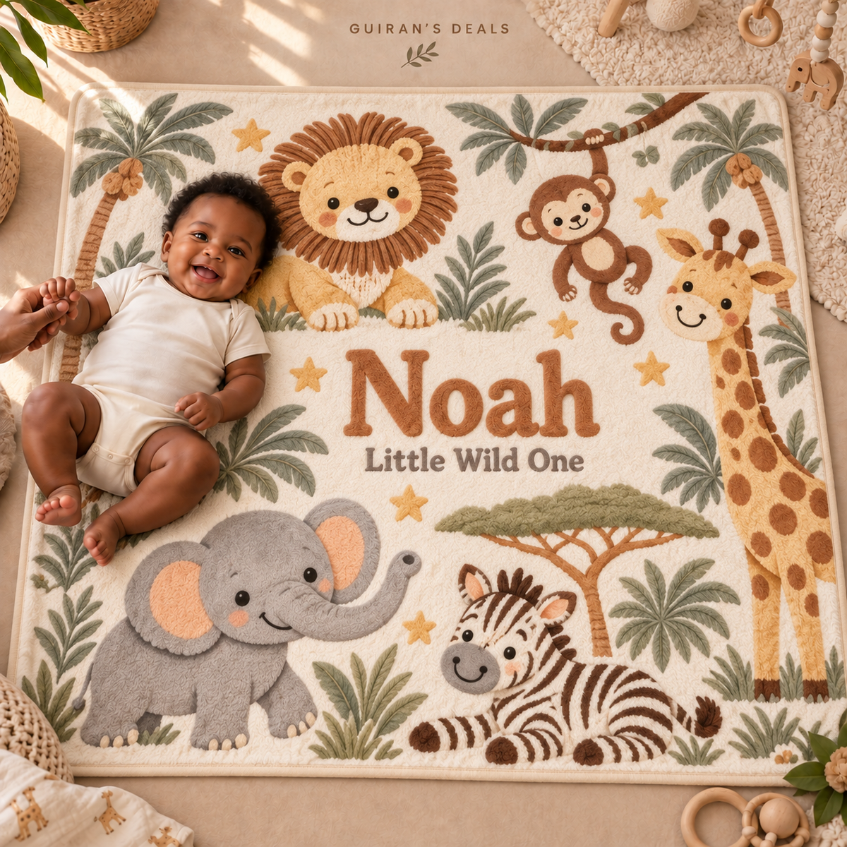 Safari printed fleece baby blanket, caramel, sample personalized name Noah