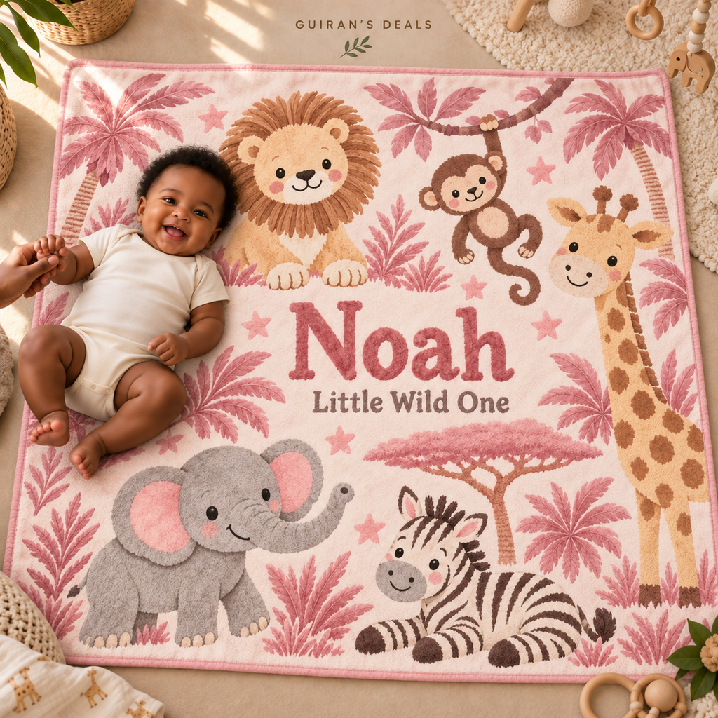 Safari printed fleece baby blanket, pink, sample personalized name Noah