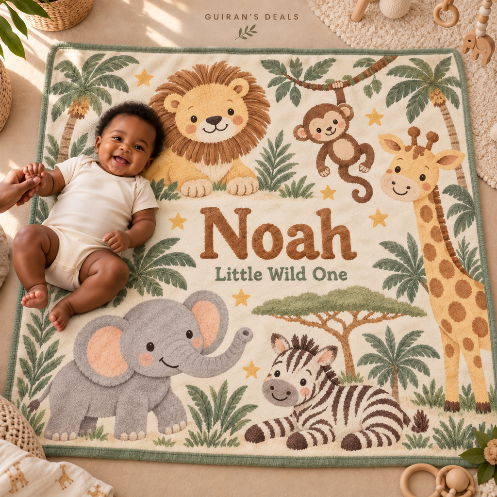 Safari printed fleece baby blanket, sage, sample personalized name Noah