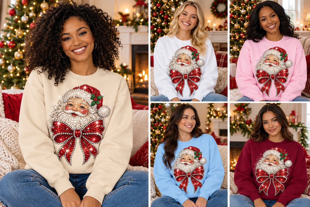 Five women's mockups — Santa and big red bow — printed rhinestone effect — Sand White Light Pink Light Blue Maroon