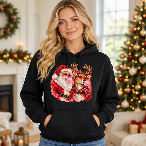 Woman wearing black Santa and reindeer bubblegum Christmas hoodie
