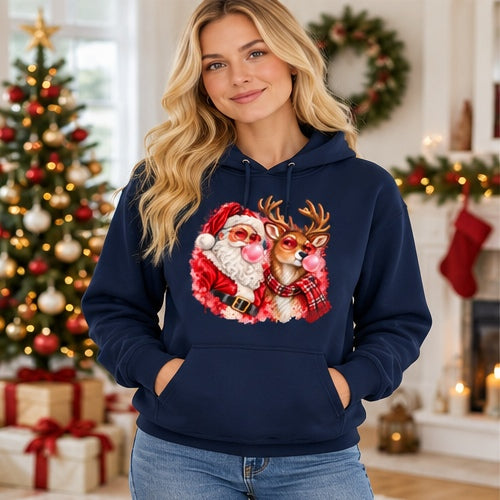 Woman wearing navy Santa and reindeer bubblegum Christmas hoodie
