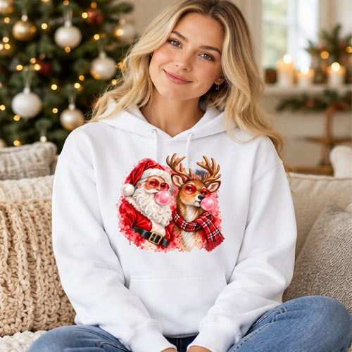 Woman wearing white Santa and reindeer bubblegum Christmas hoodie