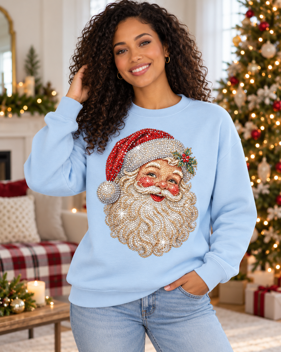 Woman wearing Light Blue Santa Claus sweatshirt, printed rhinestone effect, no real stones