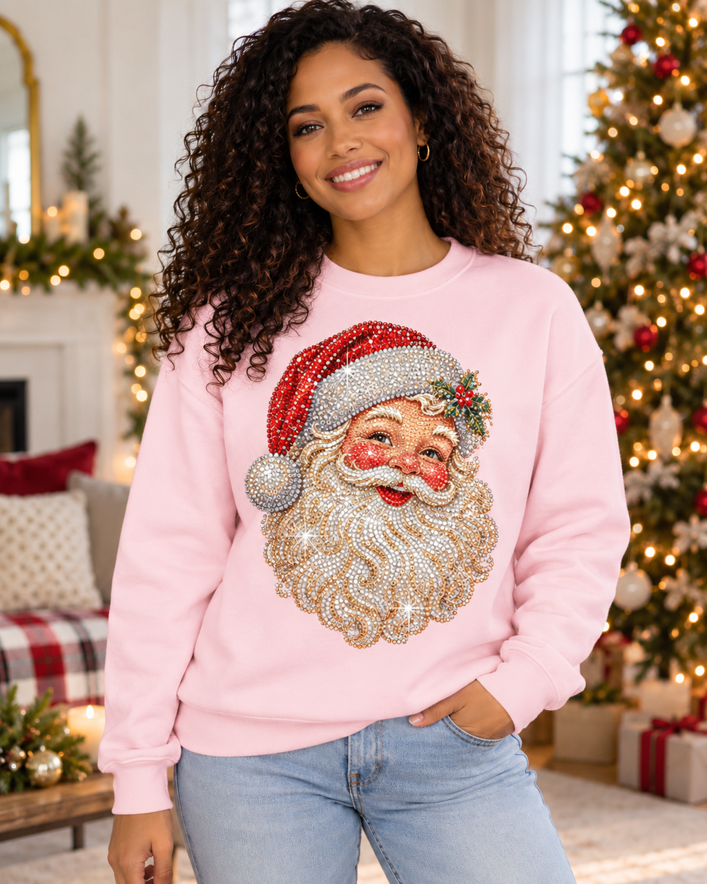 Woman wearing Light Pink Santa Claus sweatshirt, printed rhinestone effect, no real stones