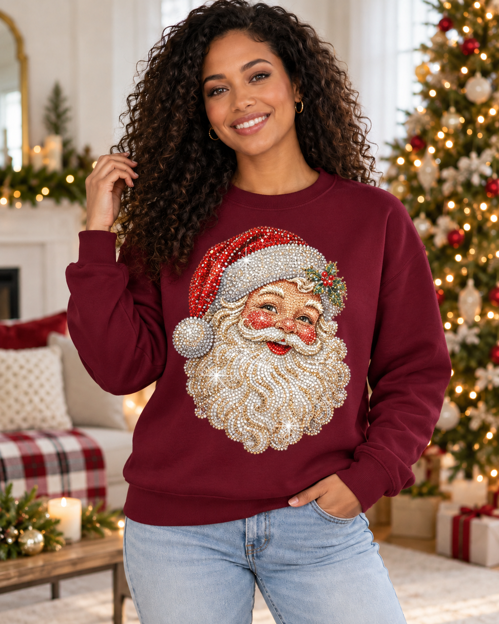Woman wearing Maroon Santa Claus sweatshirt, printed rhinestone effect, no real stones