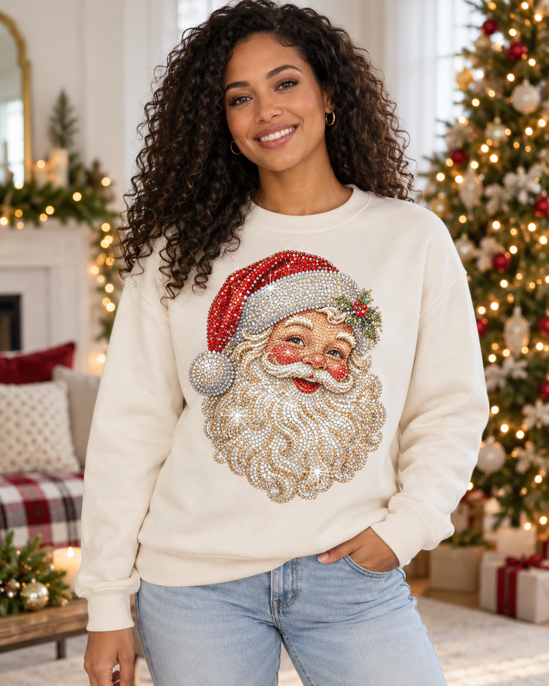 Woman wearing Sand Santa Claus sweatshirt, printed rhinestone effect, no real stones
