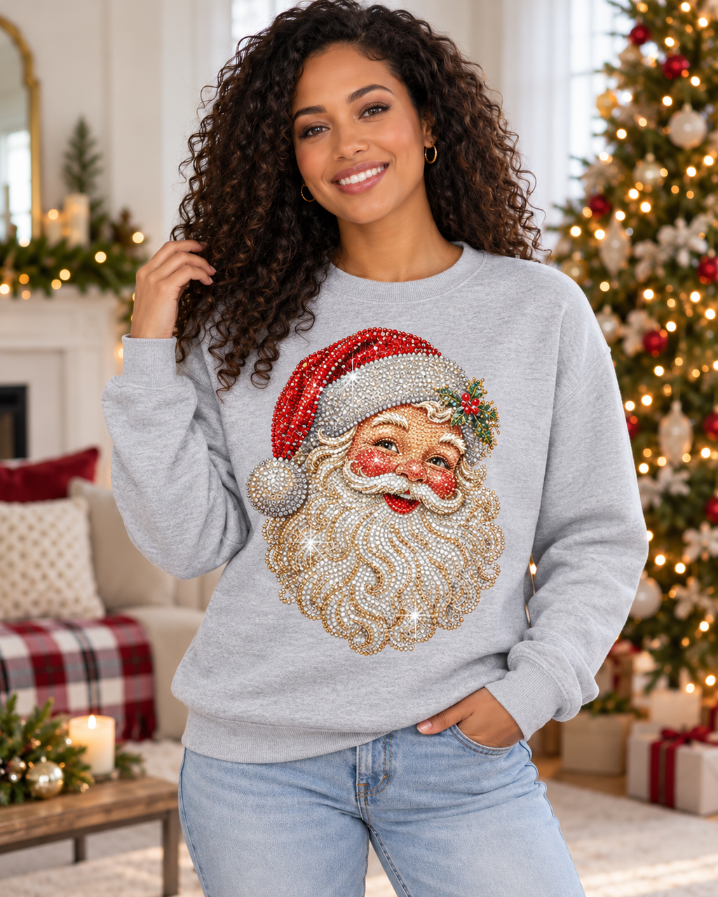 Woman wearing Sport Grey Santa Claus sweatshirt, printed rhinestone effect, no real stones