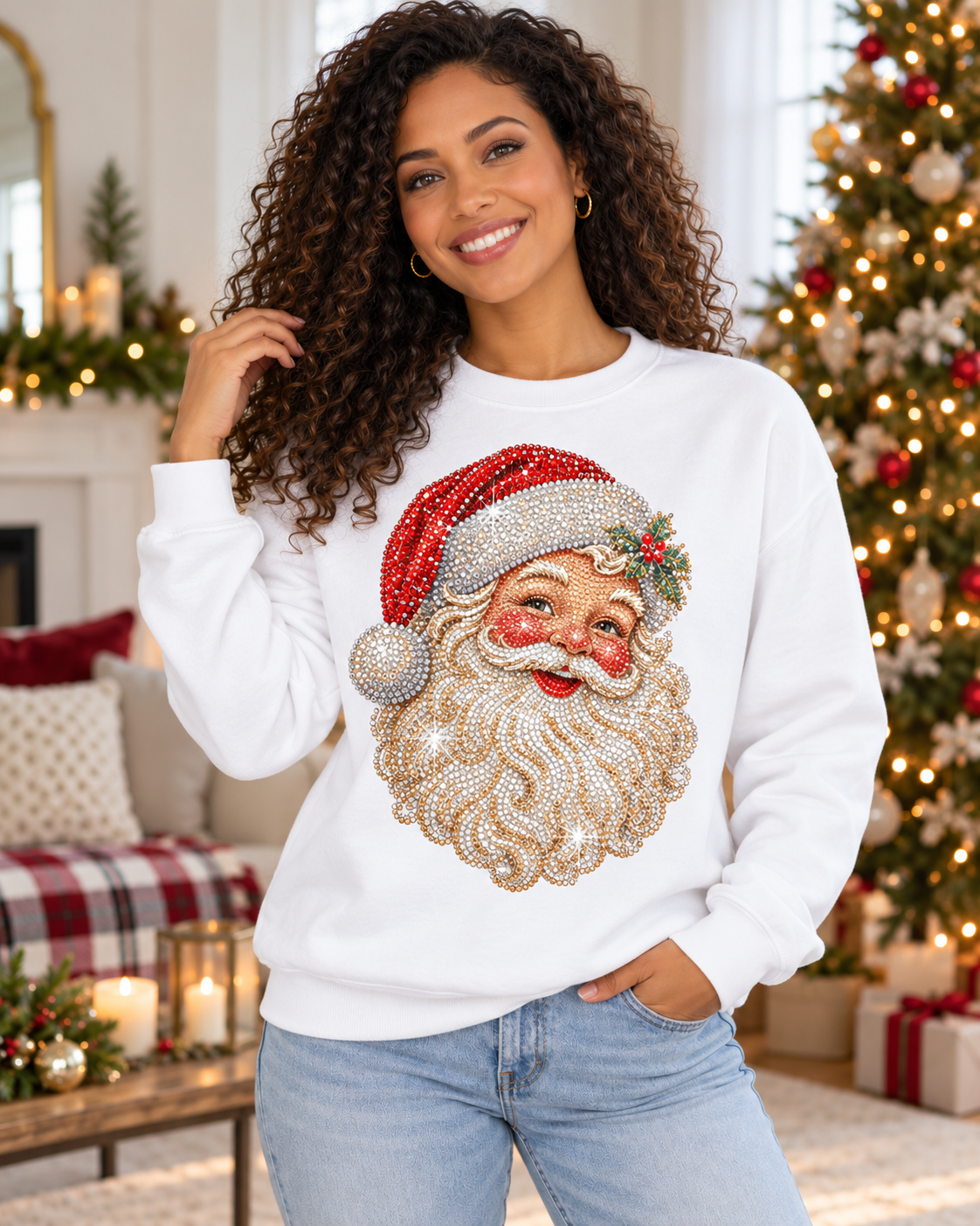 Woman wearing White Santa Claus sweatshirt, printed rhinestone effect, no real stones