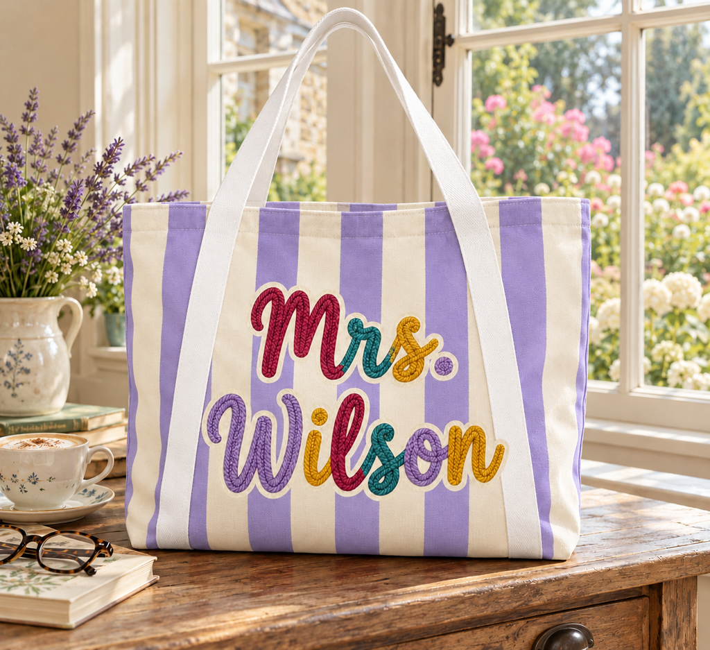Lavender striped personalized tote. Mrs. Wilson is an example; embroidery effect is printed.
