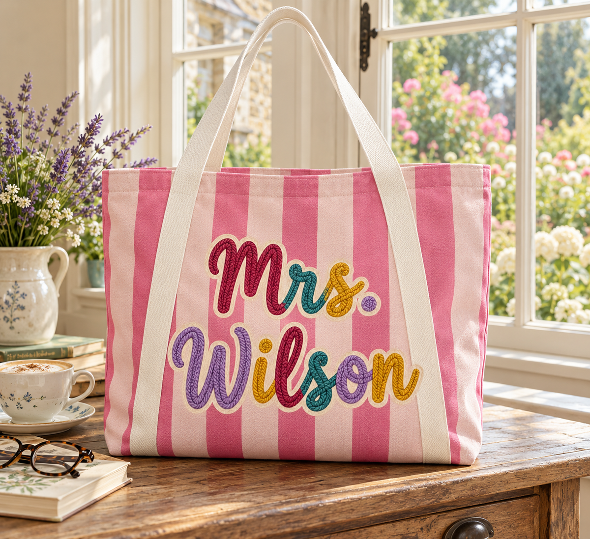 Pink striped personalized tote; sample name, printed embroidery effect.