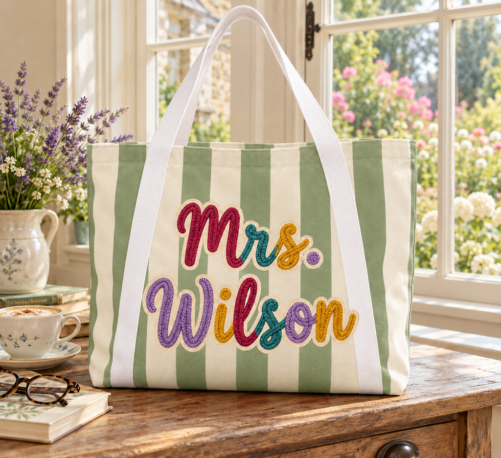 Sage Green striped personalized tote. Mrs. Wilson is an example; embroidery effect is printed.