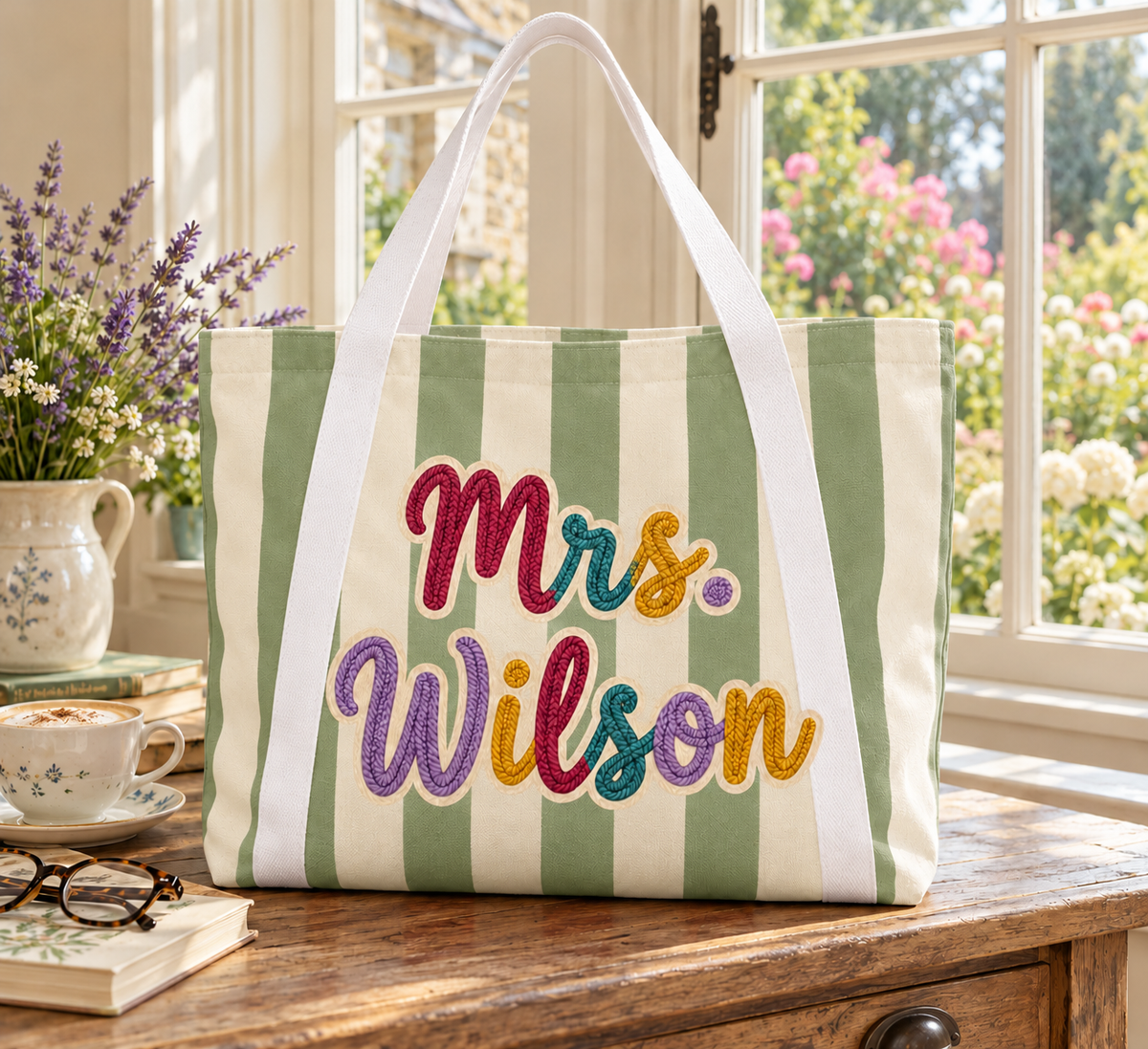 Sage Green striped personalized tote. Mrs. Wilson is an example; embroidery effect is printed.