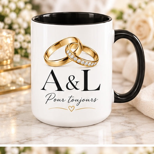 Personalized wedding ring initials mug with black handle and interior