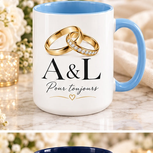 Personalized wedding ring initials mug with light-blue handle and interior