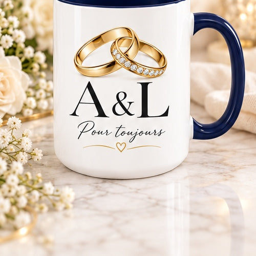 Personalized wedding ring initials mug with navy handle and interior