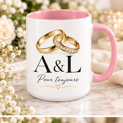 Personalized wedding ring initials mug with pink handle and interior