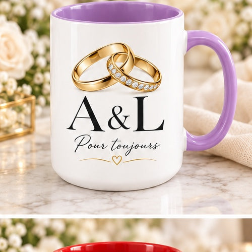 Personalized wedding ring initials mug with purple handle and interior