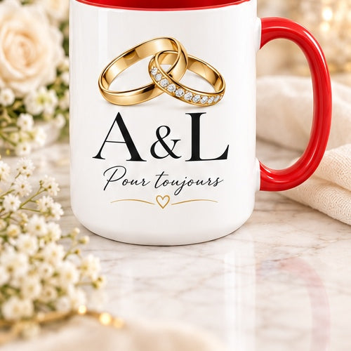 Personalized wedding ring initials mug with red handle and interior