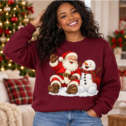 Woman wearing a maroon Santa and snowman Christmas sweatshirt