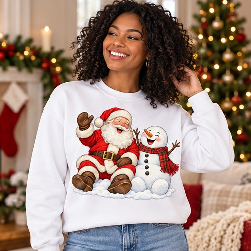 Woman wearing a white Santa and snowman Christmas sweatshirt