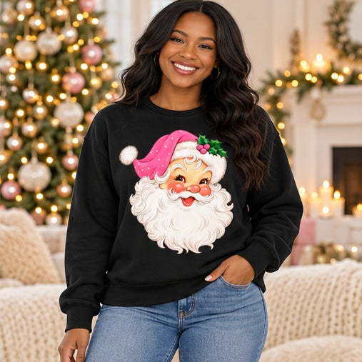Woman wearing a black vintage pink Santa sweatshirt